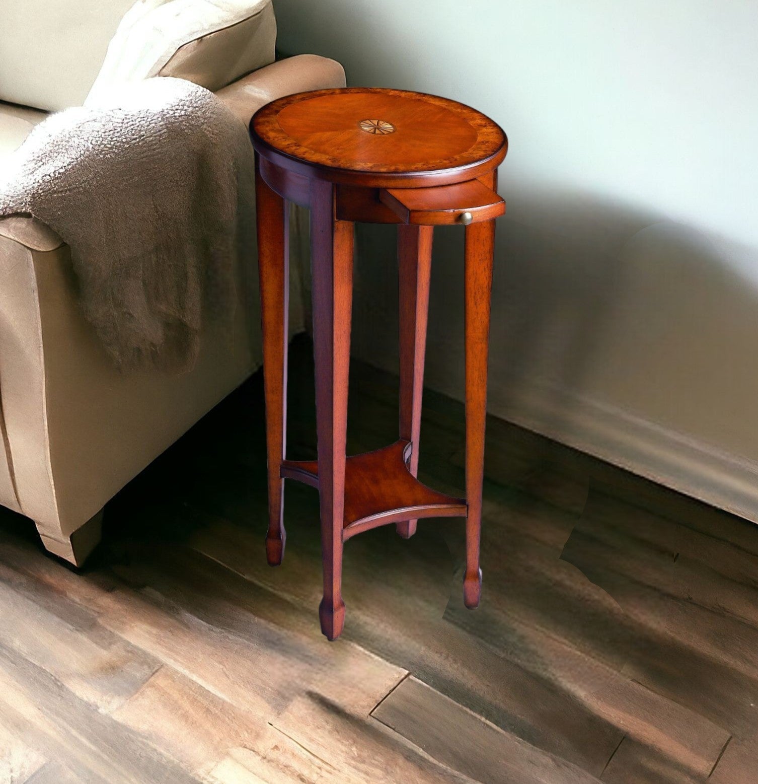 26 Medium Brown And Olive Ash Manufactured Wood Oval End Table With Shelf