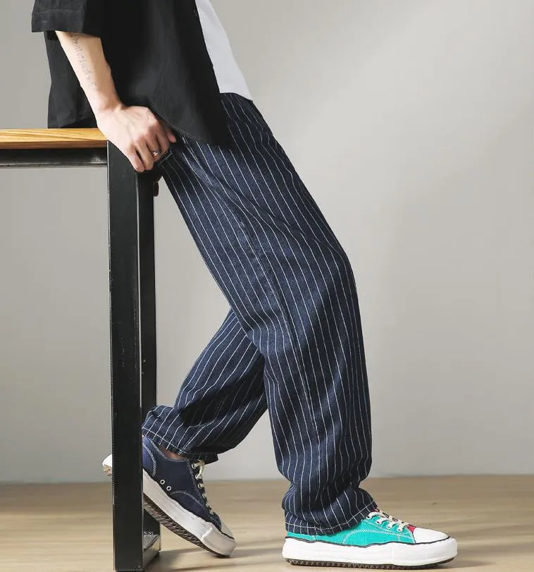 Autumn Spring Vertical Streak Casual Straight Wide Leg Trousers for Men