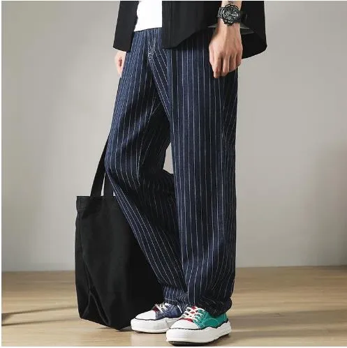 Autumn Spring Vertical Streak Casual Straight Wide Leg Trousers for Men