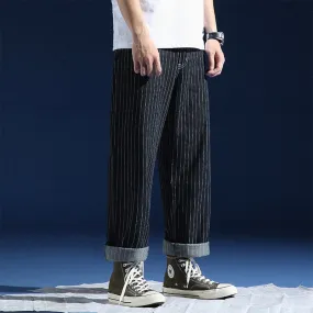 Autumn Spring Vertical Streak Casual Straight Wide Leg Trousers for Men