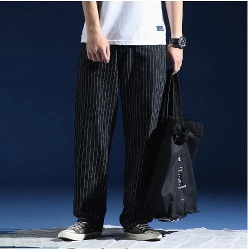 Autumn Spring Vertical Streak Casual Straight Wide Leg Trousers for Men