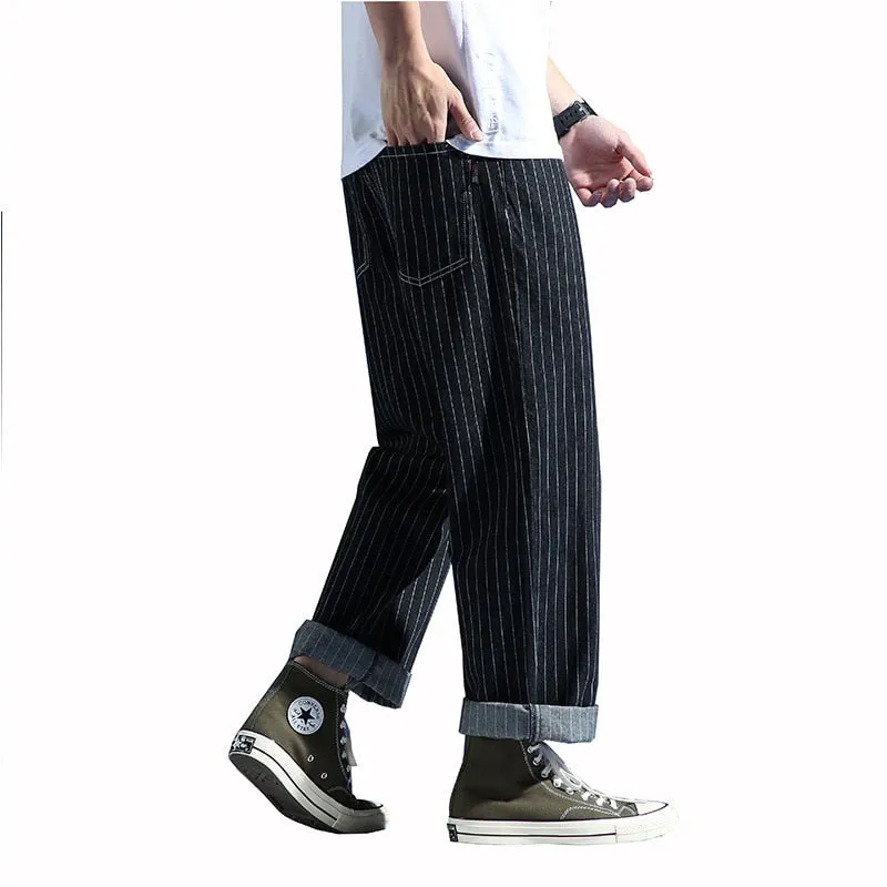 Autumn Spring Vertical Streak Casual Straight Wide Leg Trousers for Men