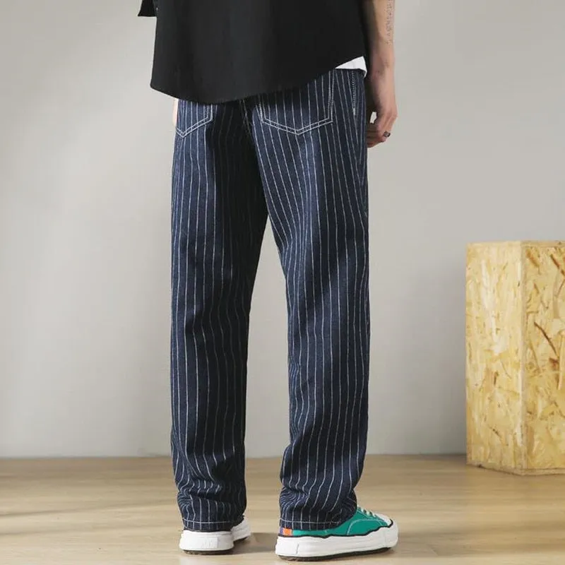 Autumn Spring Vertical Streak Casual Straight Wide Leg Trousers for Men