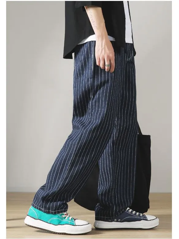 Autumn Spring Vertical Streak Casual Straight Wide Leg Trousers for Men