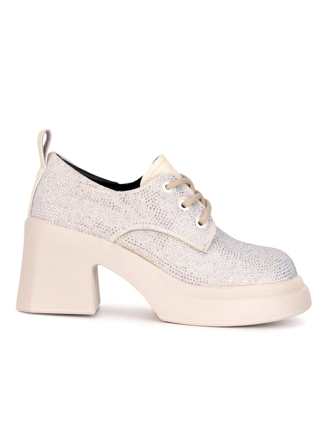 Beige Diamante Embellished Lace-Up Sneakers (TC-RS3641-BEIG)