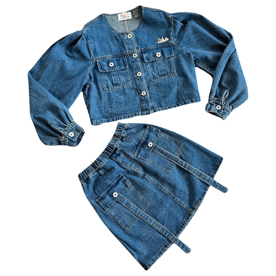 Bleeker Street Collarless Denim Ribbon Jacket and Skirt Set