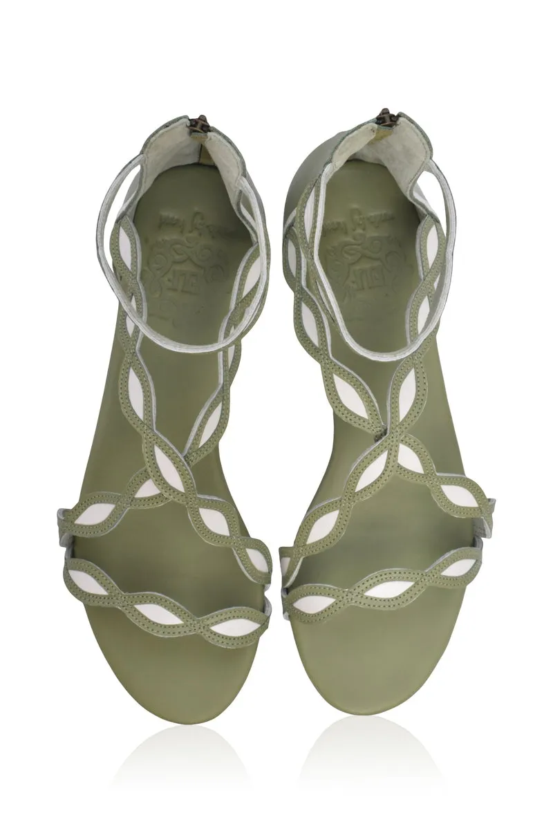 Blossom Leather Sandals in Olive and White