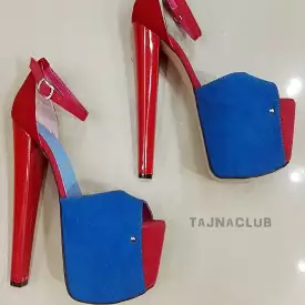 Blue and Red Open-Toe Ankle Strap Heels