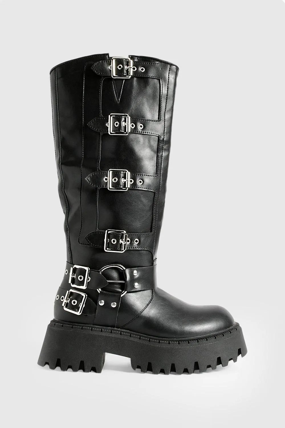 Buckle Detail Biker Knee High Boots