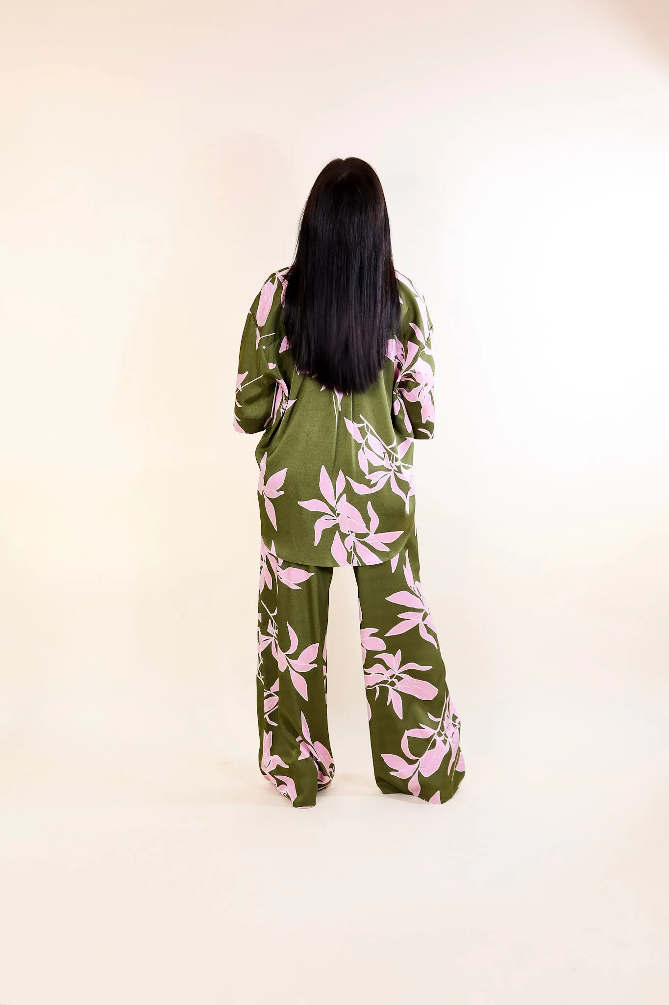 Calm and Collected Drawstring Bottoms with Pink Leaves in Olive Green