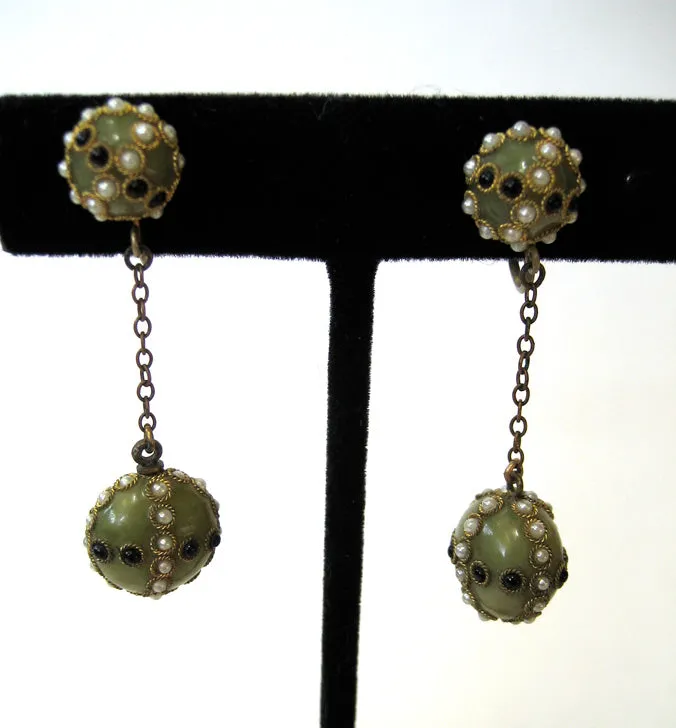 Circa 1920s Faux Pearl and Black Bead Olive Green Earrings