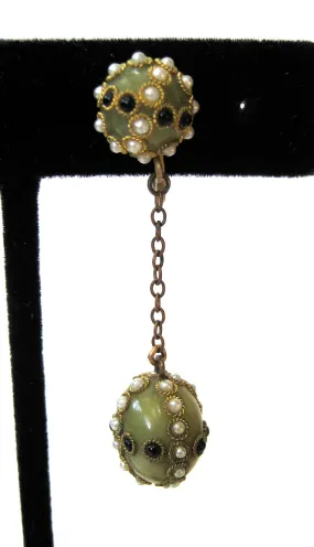 Circa 1920s Faux Pearl and Black Bead Olive Green Earrings