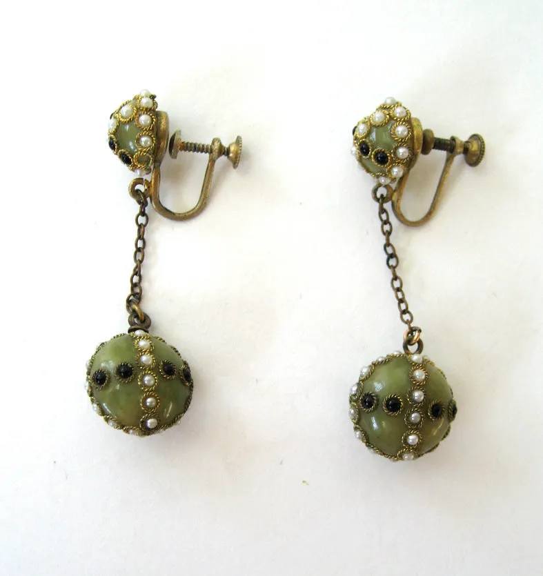 Circa 1920s Faux Pearl and Black Bead Olive Green Earrings