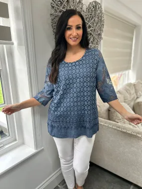 Denim Layered Floral Lace Top Sarah