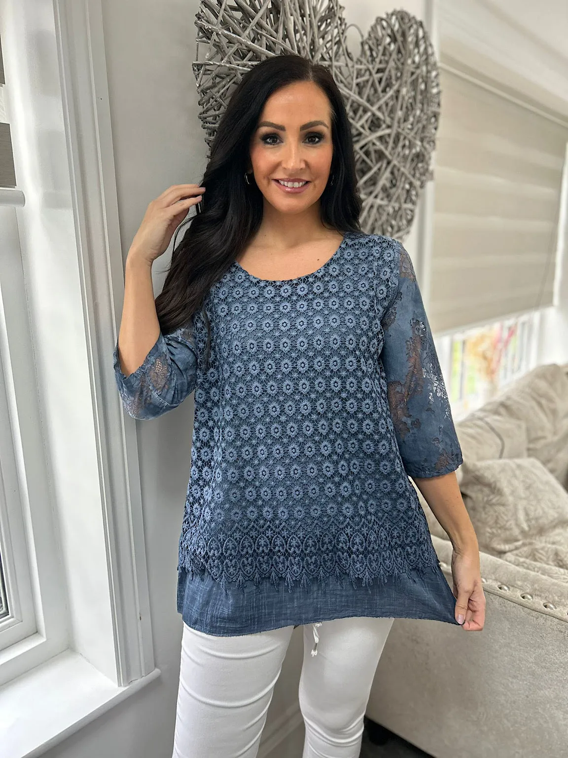 Denim Layered Floral Lace Top Sarah