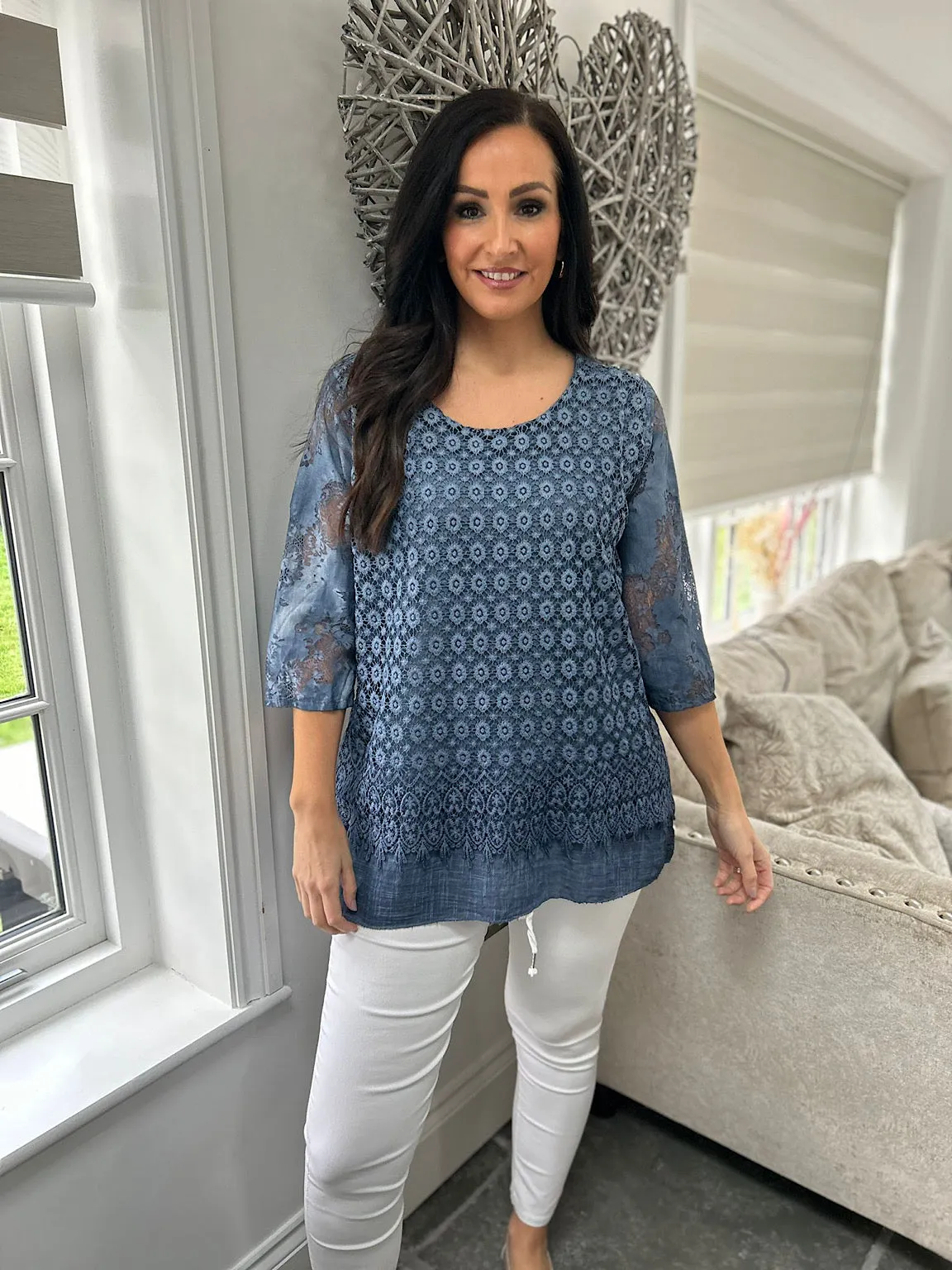 Denim Layered Floral Lace Top Sarah