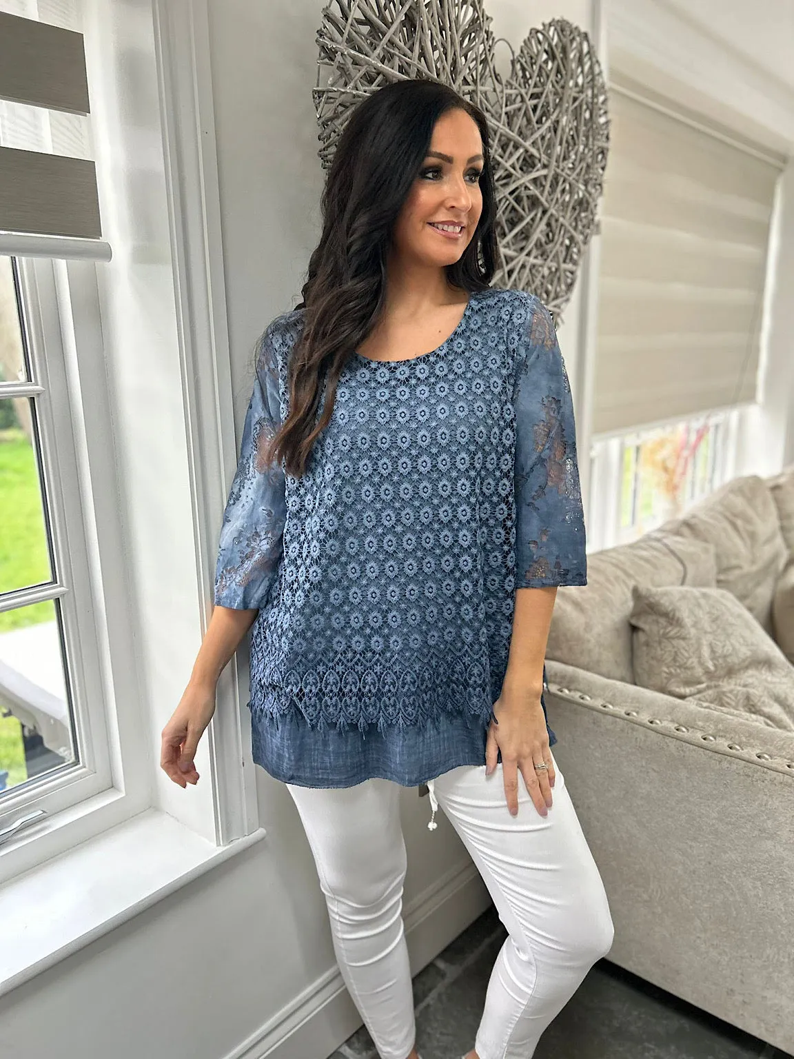 Denim Layered Floral Lace Top Sarah