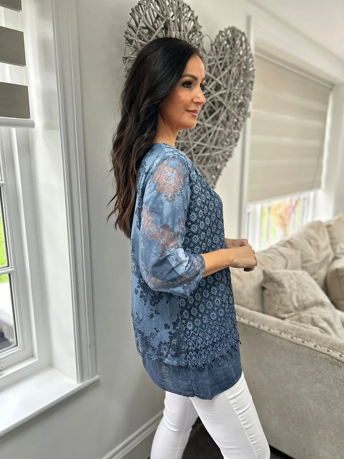 Denim Layered Floral Lace Top Sarah