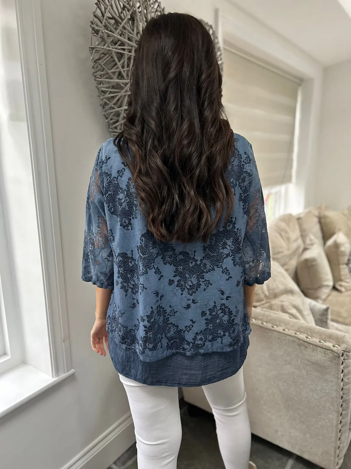 Denim Layered Floral Lace Top Sarah