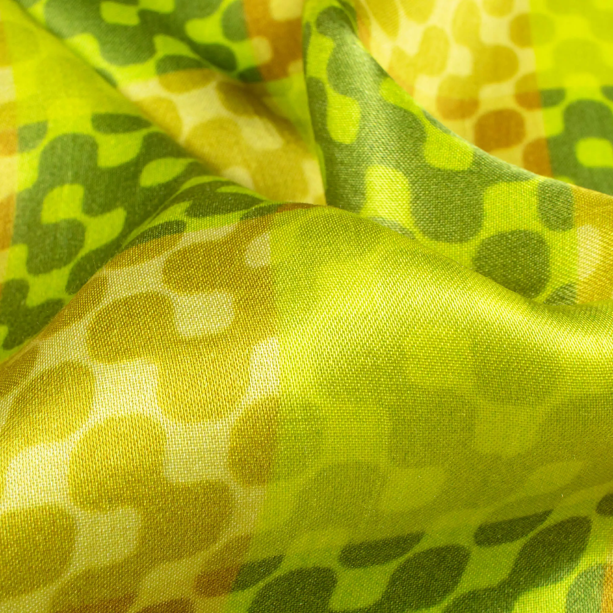 Earls Green And Olive Green Geometric Pattern Digital Print Viscose Gaji Silk Fabric