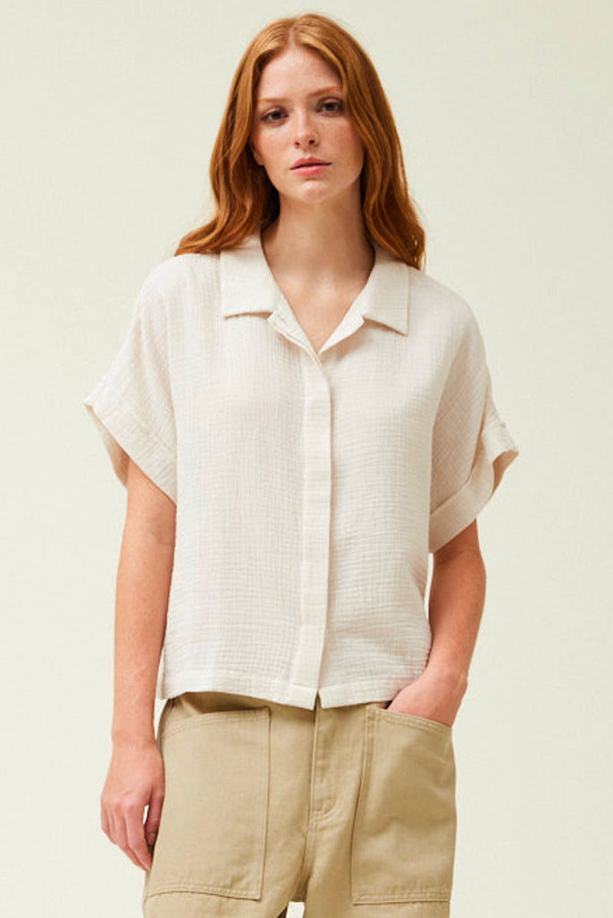 GRADE AND GATHER COTTON GAUZE SHIRT, SOY OR OLIVE