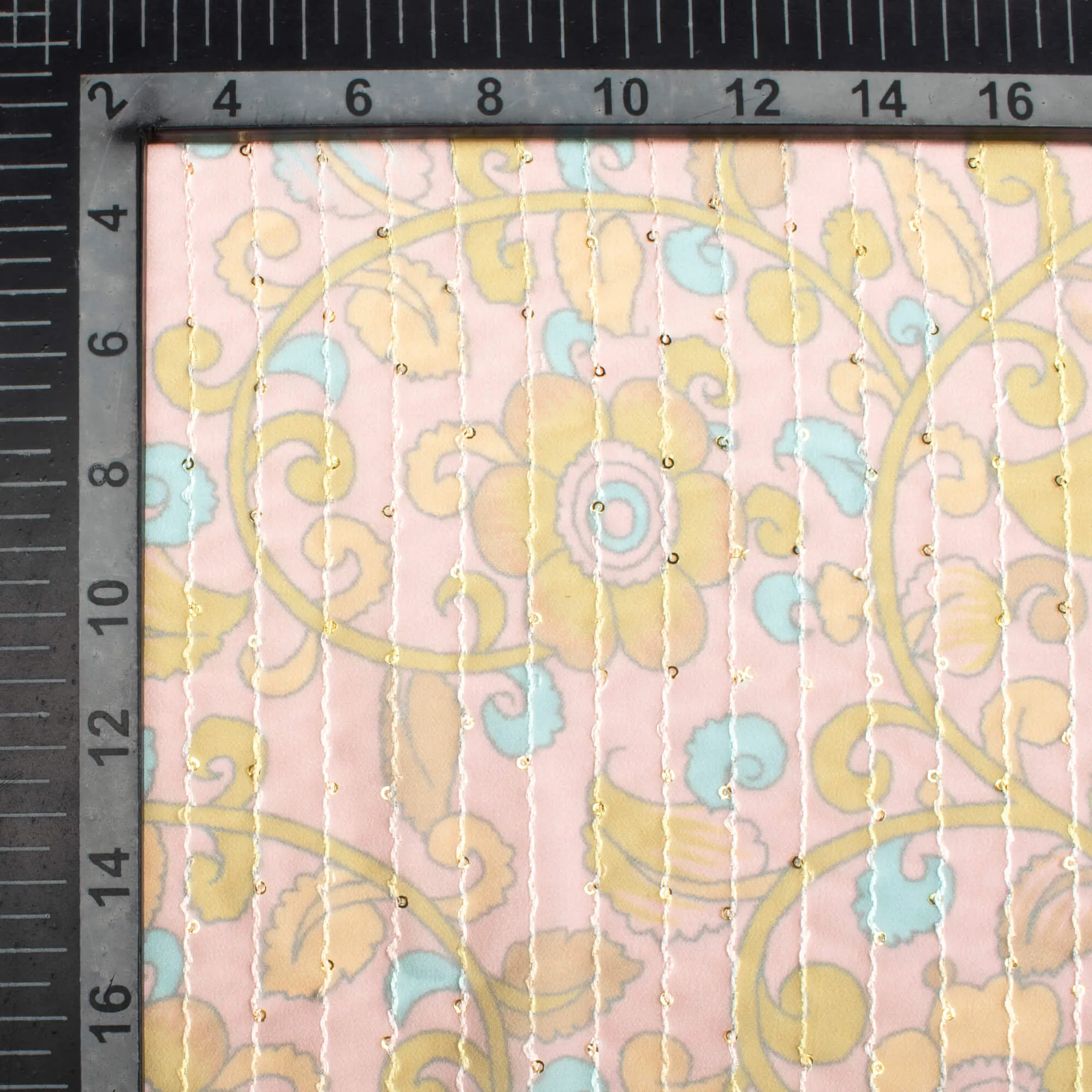 Lemonade Pink And Olive Green Kalamkari Pattern Digital Print Premium Sequins Georgette Fabric