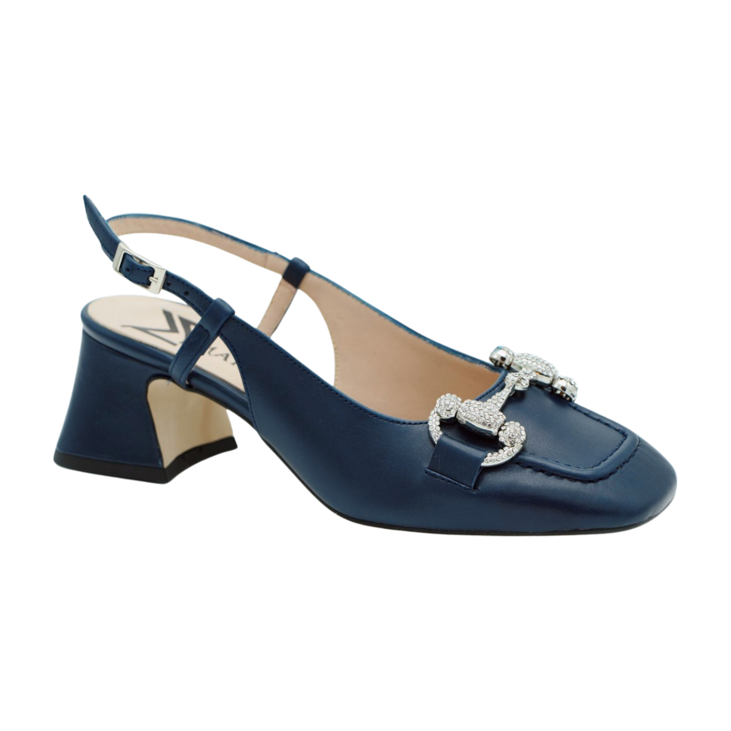 MARIAN Navy Leather Sling back  Shoe with Diamante Buckle