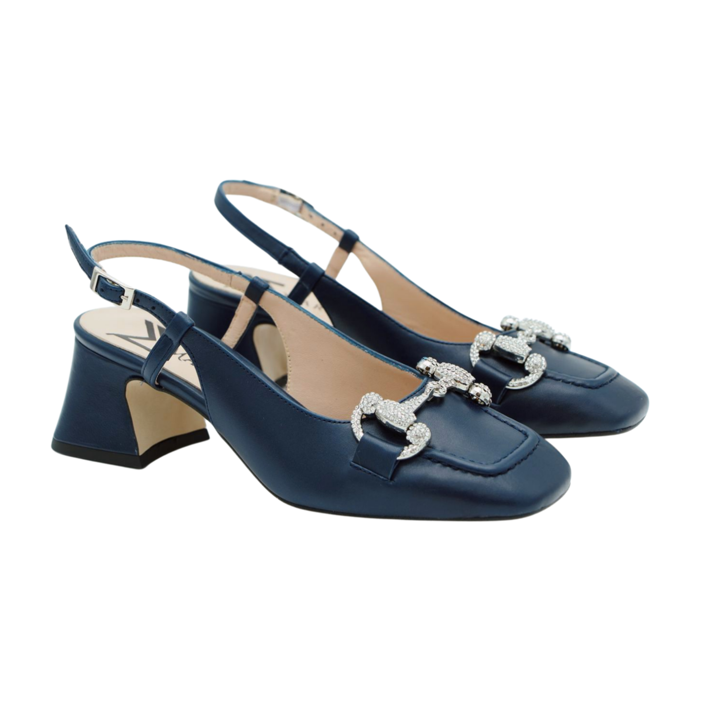 MARIAN Navy Leather Sling back  Shoe with Diamante Buckle