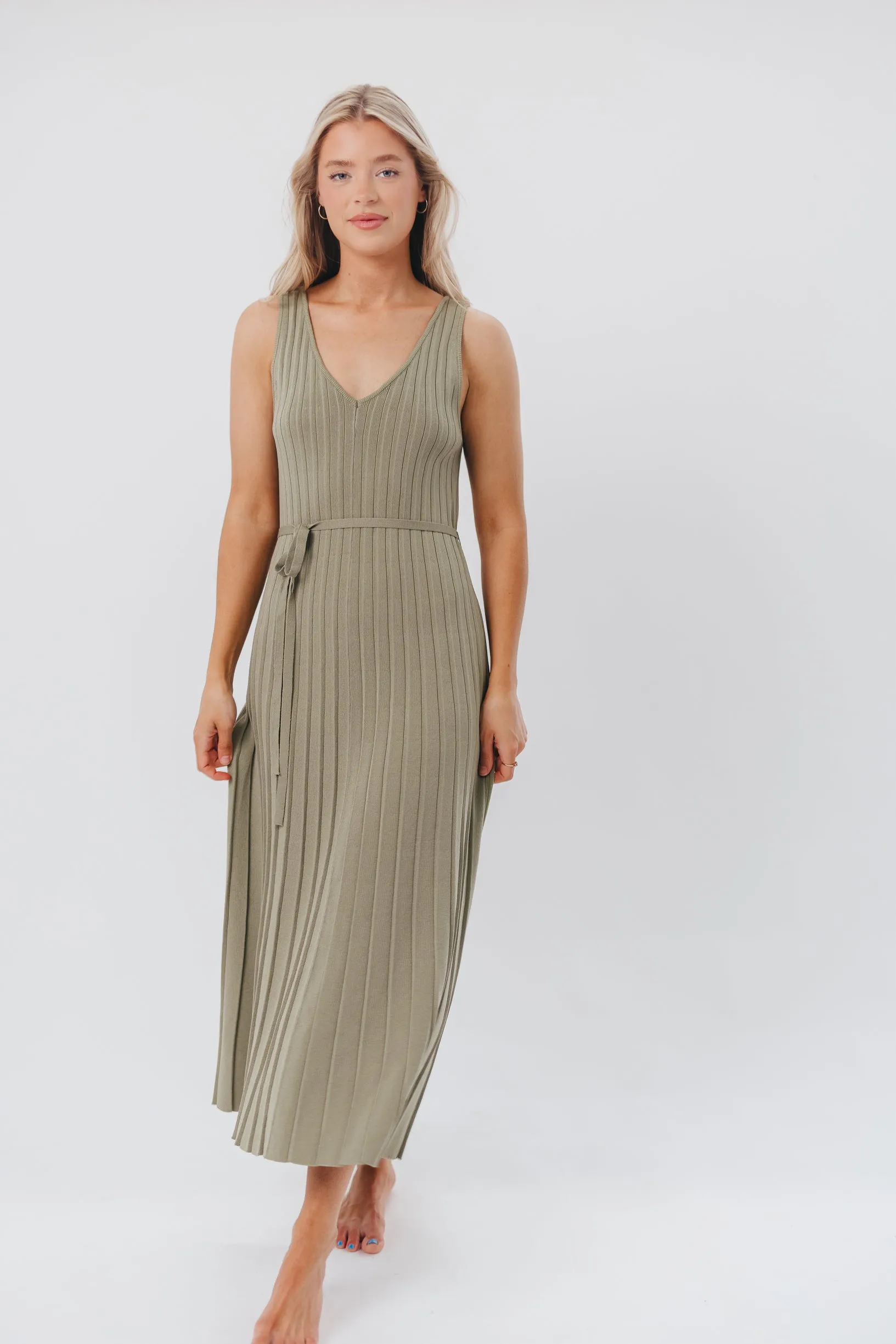 Marissa Knit Maxi Dress with Pleated Skirt and Tie Waist in Light Olive