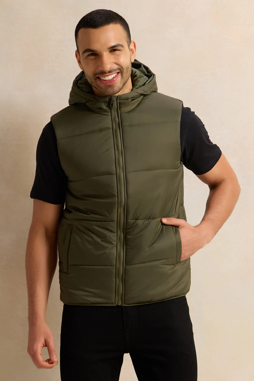 Men Olive Sleeveless Puffer Jacket