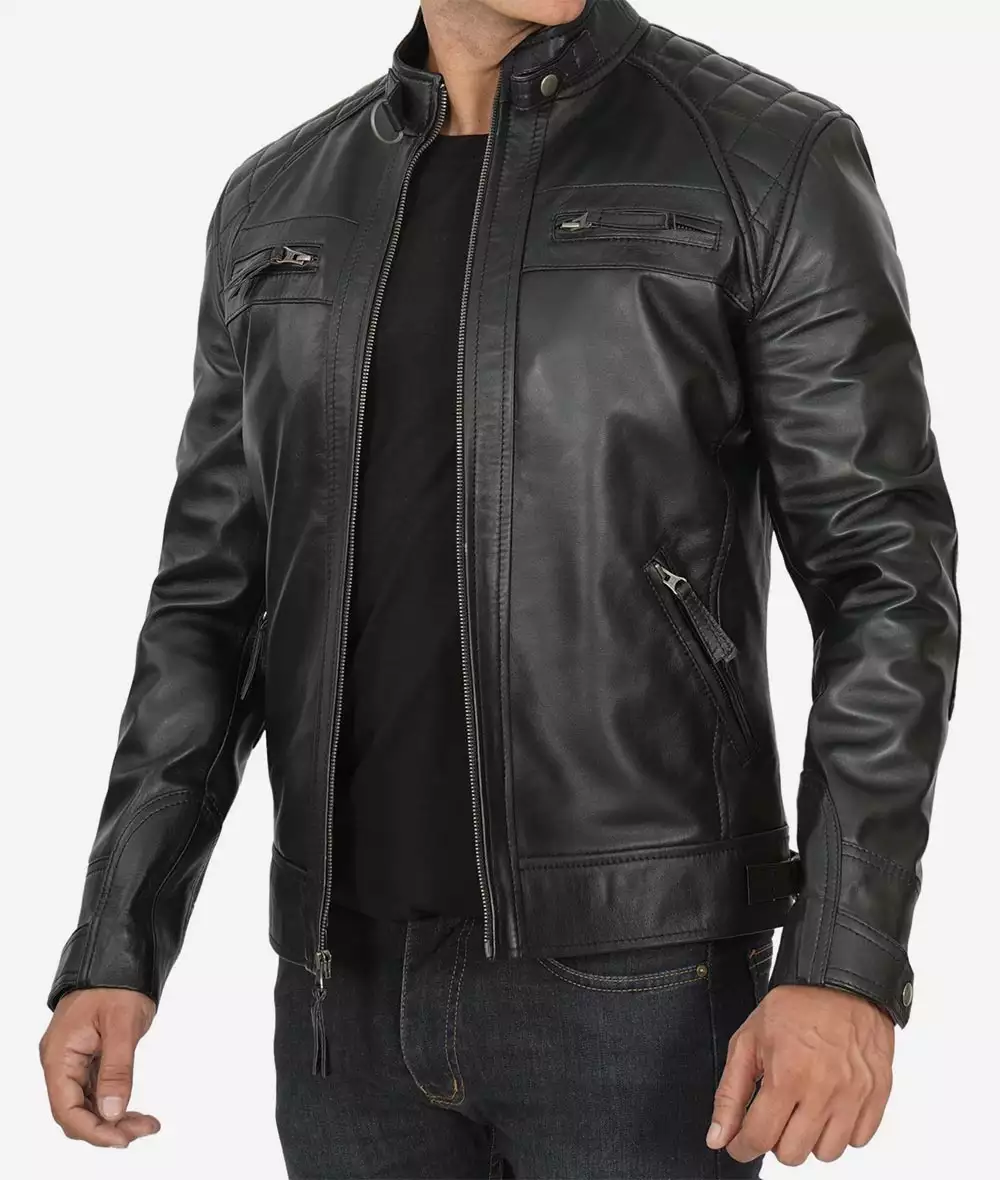 Men's Tall Quilted Shoulder Black Cafe Racer Leather Jacket