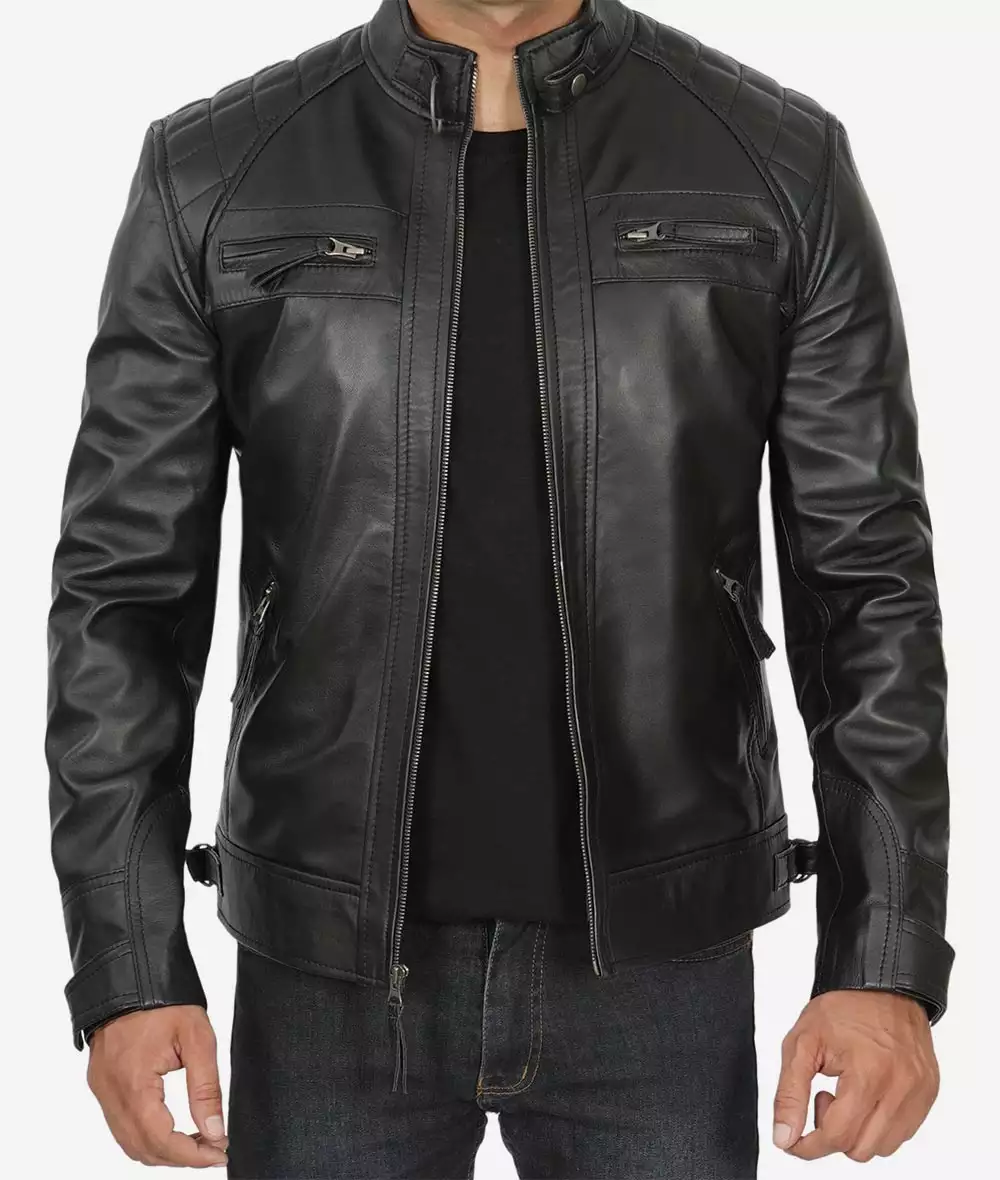 Men's Tall Quilted Shoulder Black Cafe Racer Leather Jacket