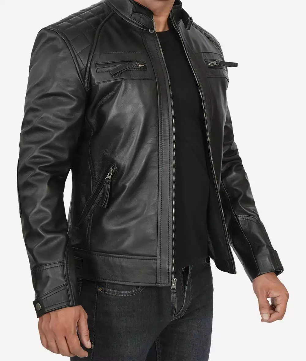 Men's Tall Quilted Shoulder Black Cafe Racer Leather Jacket