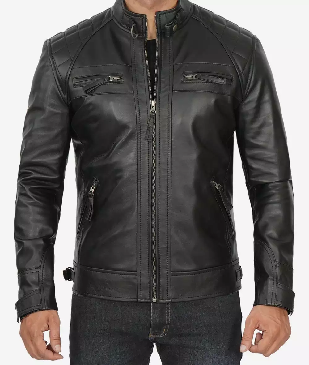 Men's Tall Quilted Shoulder Black Cafe Racer Leather Jacket