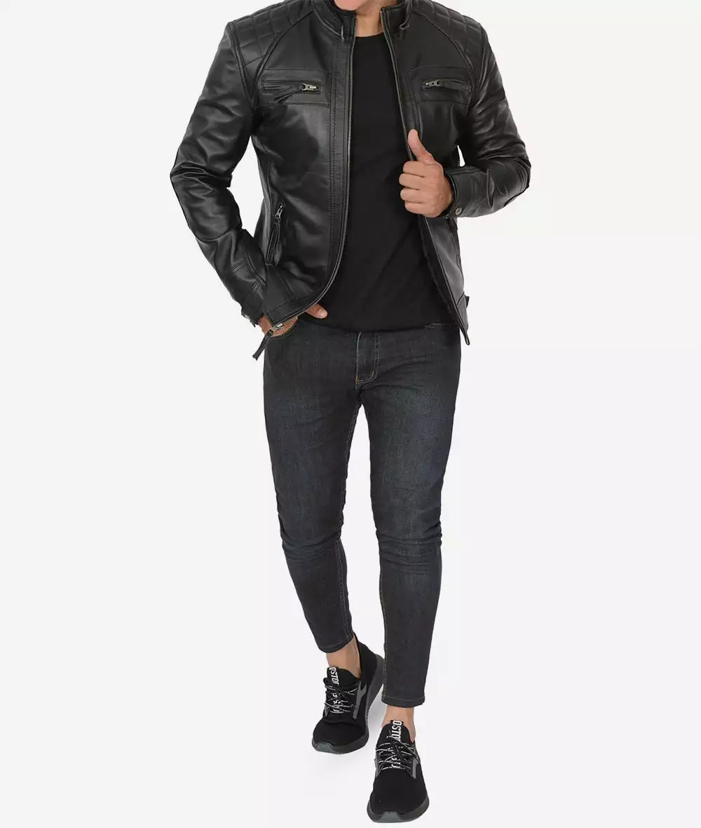 Men's Tall Quilted Shoulder Black Cafe Racer Leather Jacket