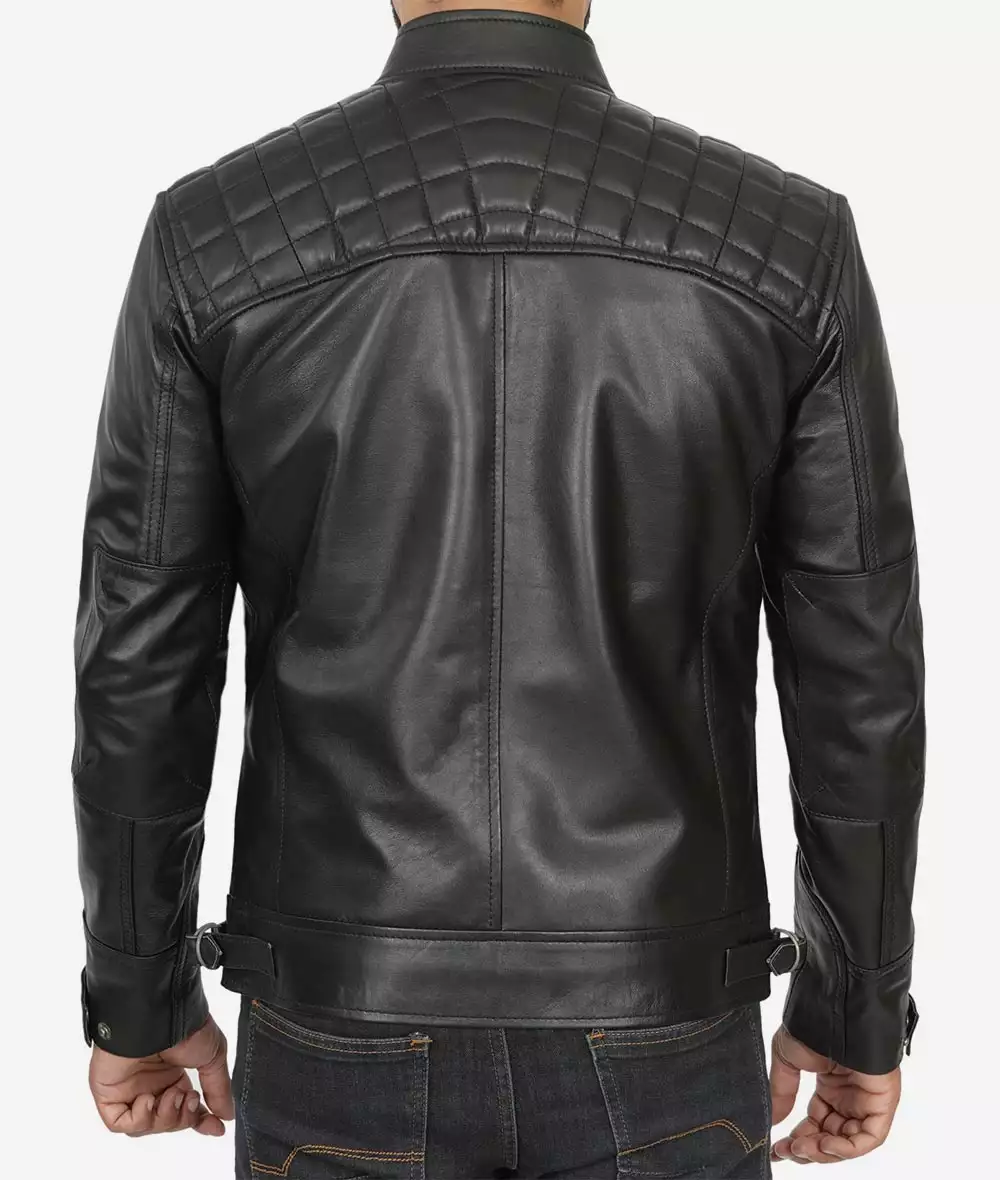 Men's Tall Quilted Shoulder Black Cafe Racer Leather Jacket