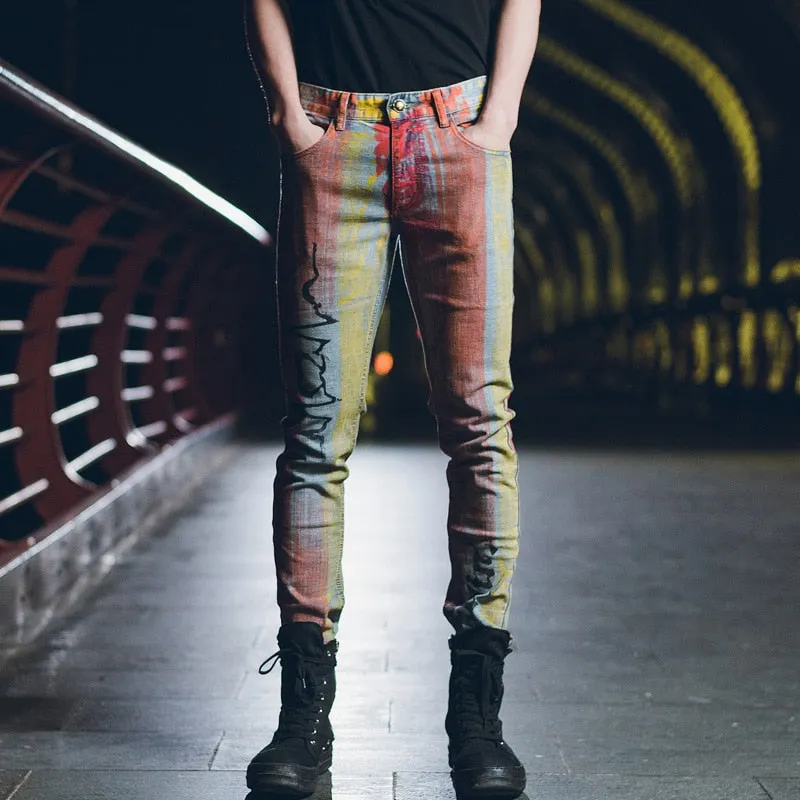 Men's Denim Painting Pattern Mid Waist Skinny Straight Leg Jeans