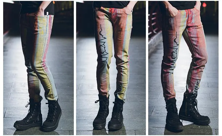 Men's Denim Painting Pattern Mid Waist Skinny Straight Leg Jeans