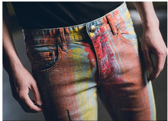 Men's Denim Painting Pattern Mid Waist Skinny Straight Leg Jeans