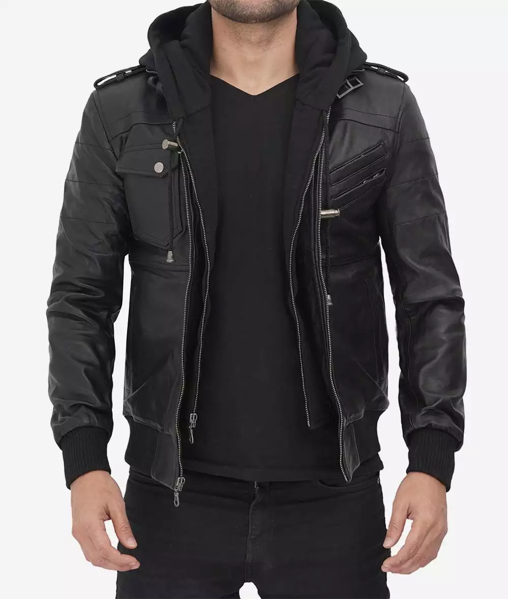 Mens Tall Black Leather Bomber Jacket with Removable Hood