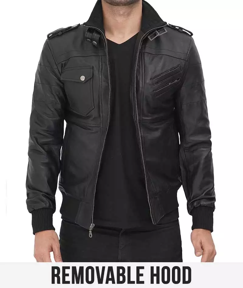 Mens Tall Black Leather Bomber Jacket with Removable Hood