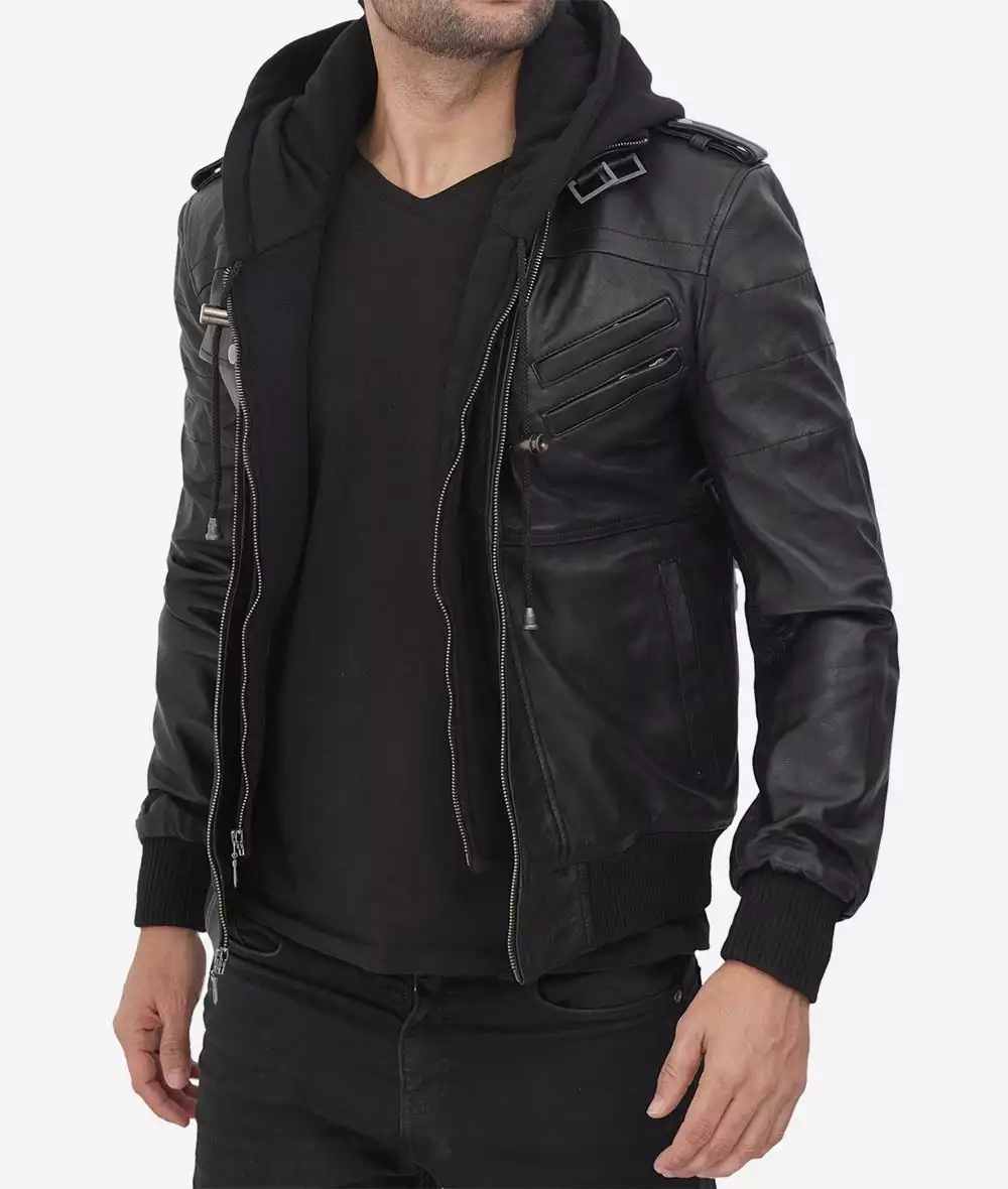 Mens Tall Black Leather Bomber Jacket with Removable Hood