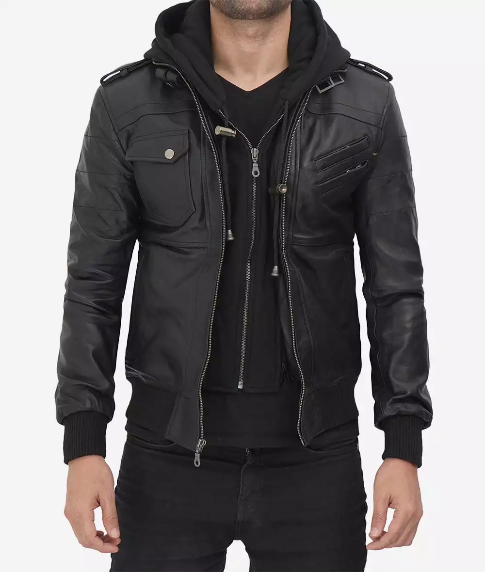 Mens Tall Black Leather Bomber Jacket with Removable Hood