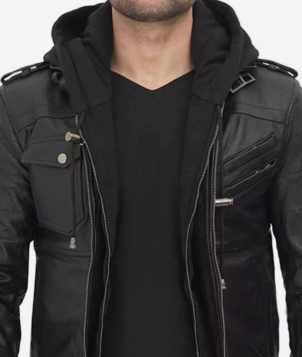 Mens Tall Black Leather Bomber Jacket with Removable Hood