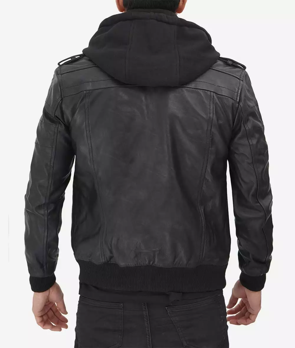 Mens Tall Black Leather Bomber Jacket with Removable Hood