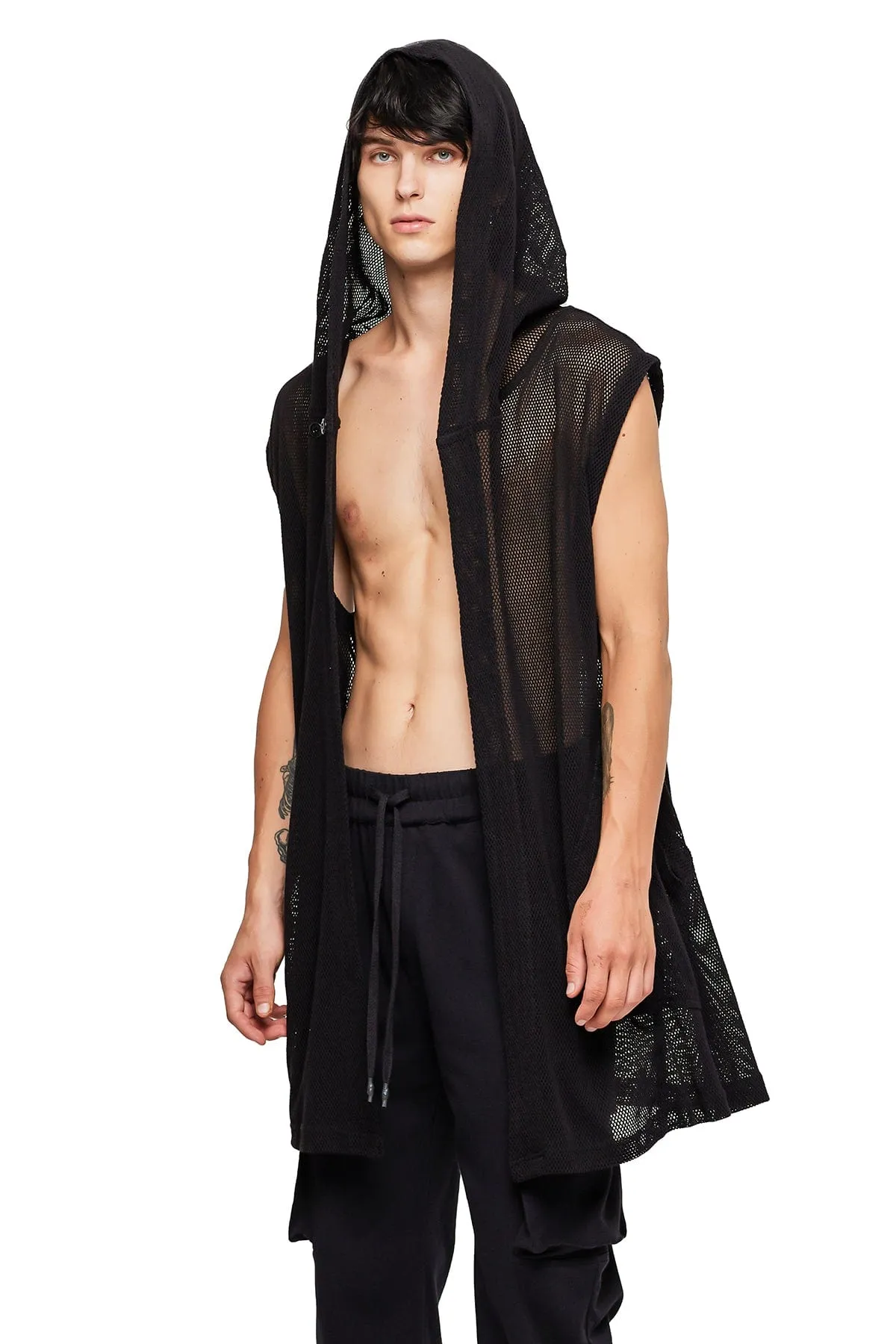 MESH MONK HOODIE IN BLACK