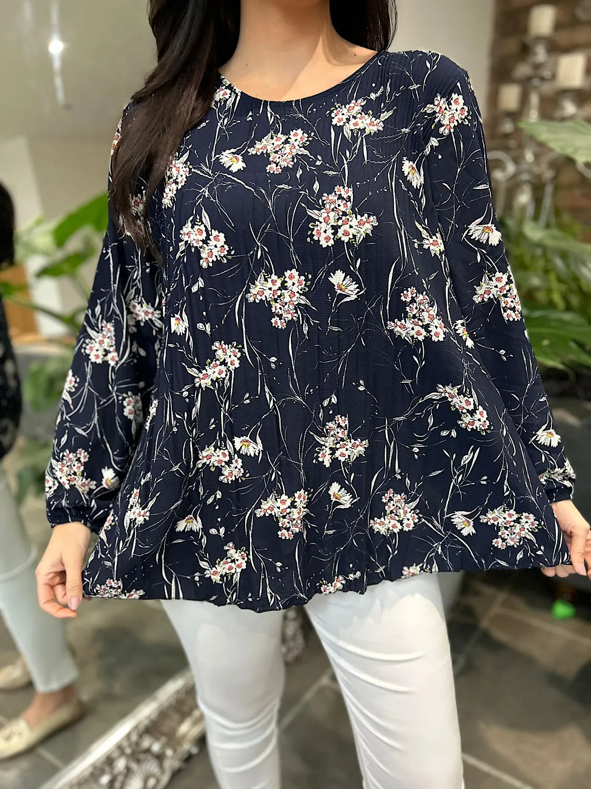 Navy Ditsy Floral Pleated Blouse Evie