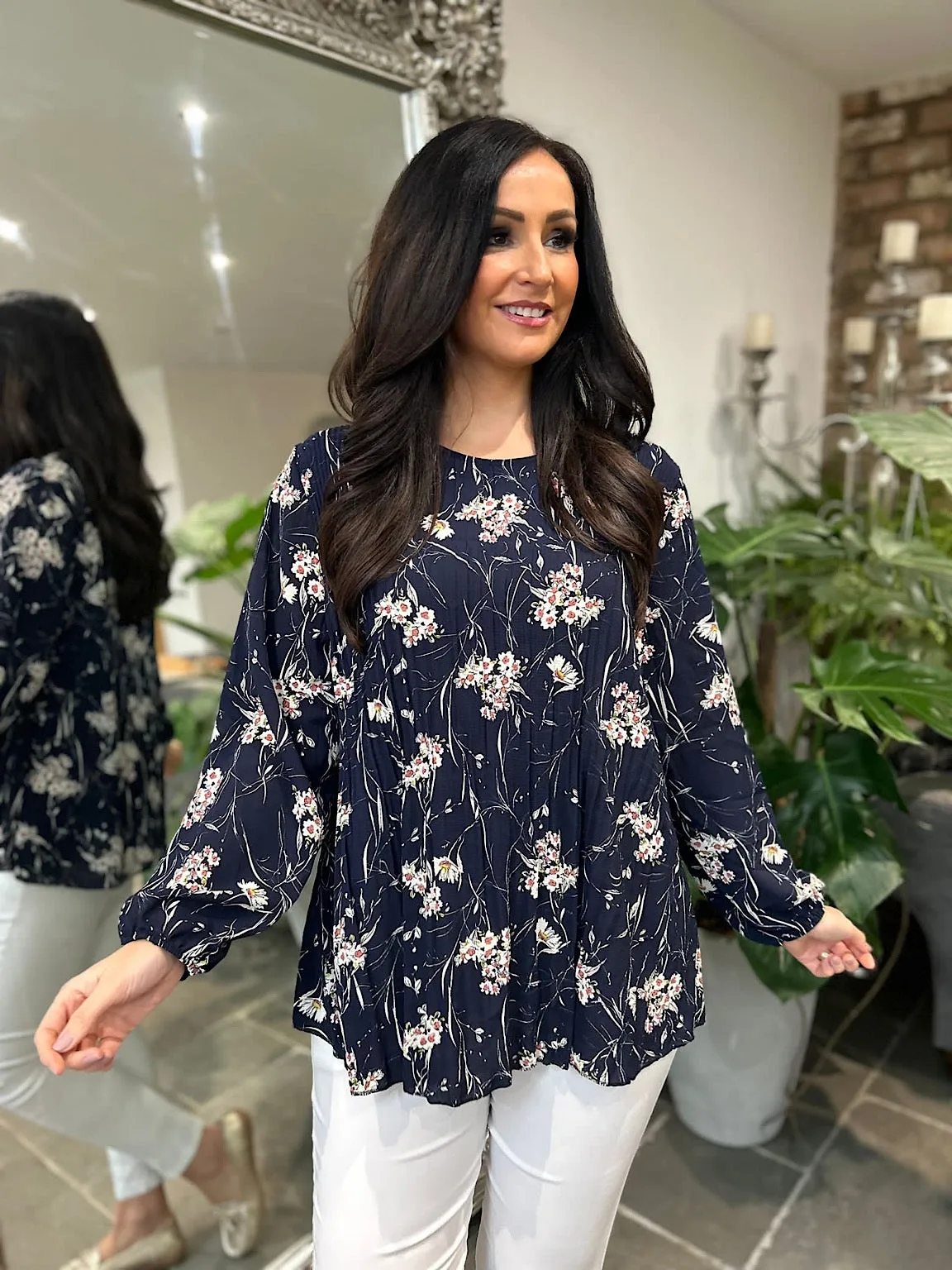 Navy Ditsy Floral Pleated Blouse Evie