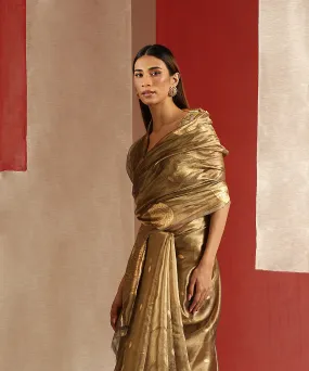 Olive And Gold Handloom Pure Tissue Silk Banarasi Saree With Kadhwa Zari Boota