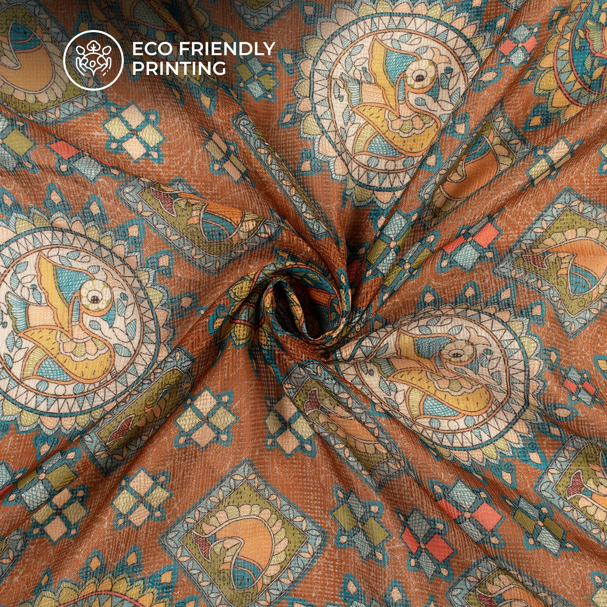 Olive Brown And Sky Blue Madhubani Digital Printed Kota Doria Fabric